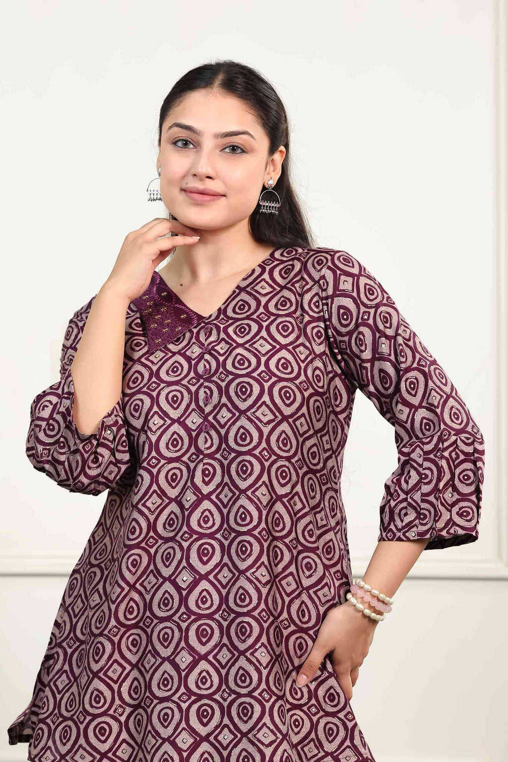 Wine Color Muslin Printed Top
