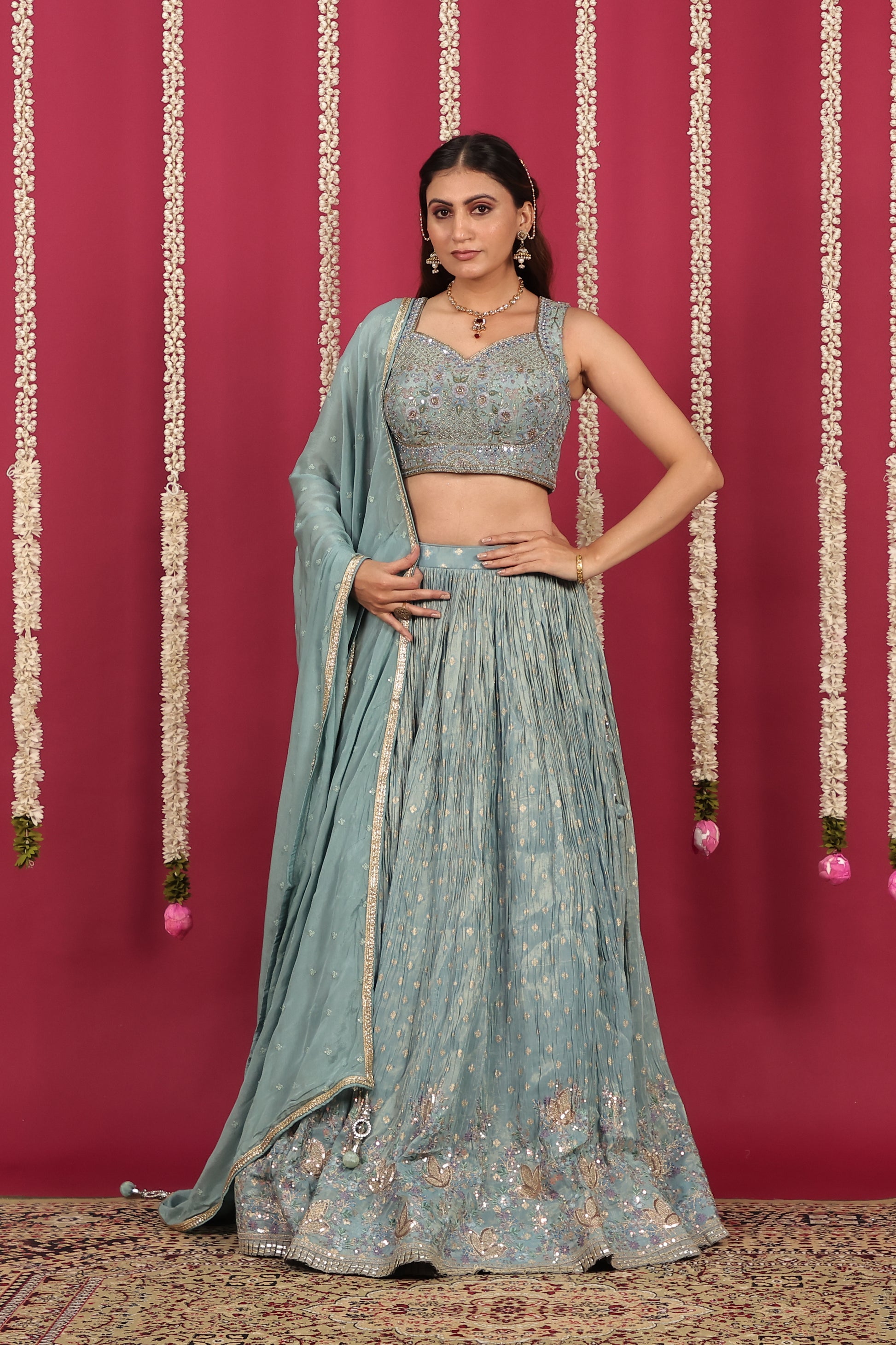 Sky Blue Mosh Silk Lehenga with Banarsi Butti Thread Work with Blouse & Dupatta