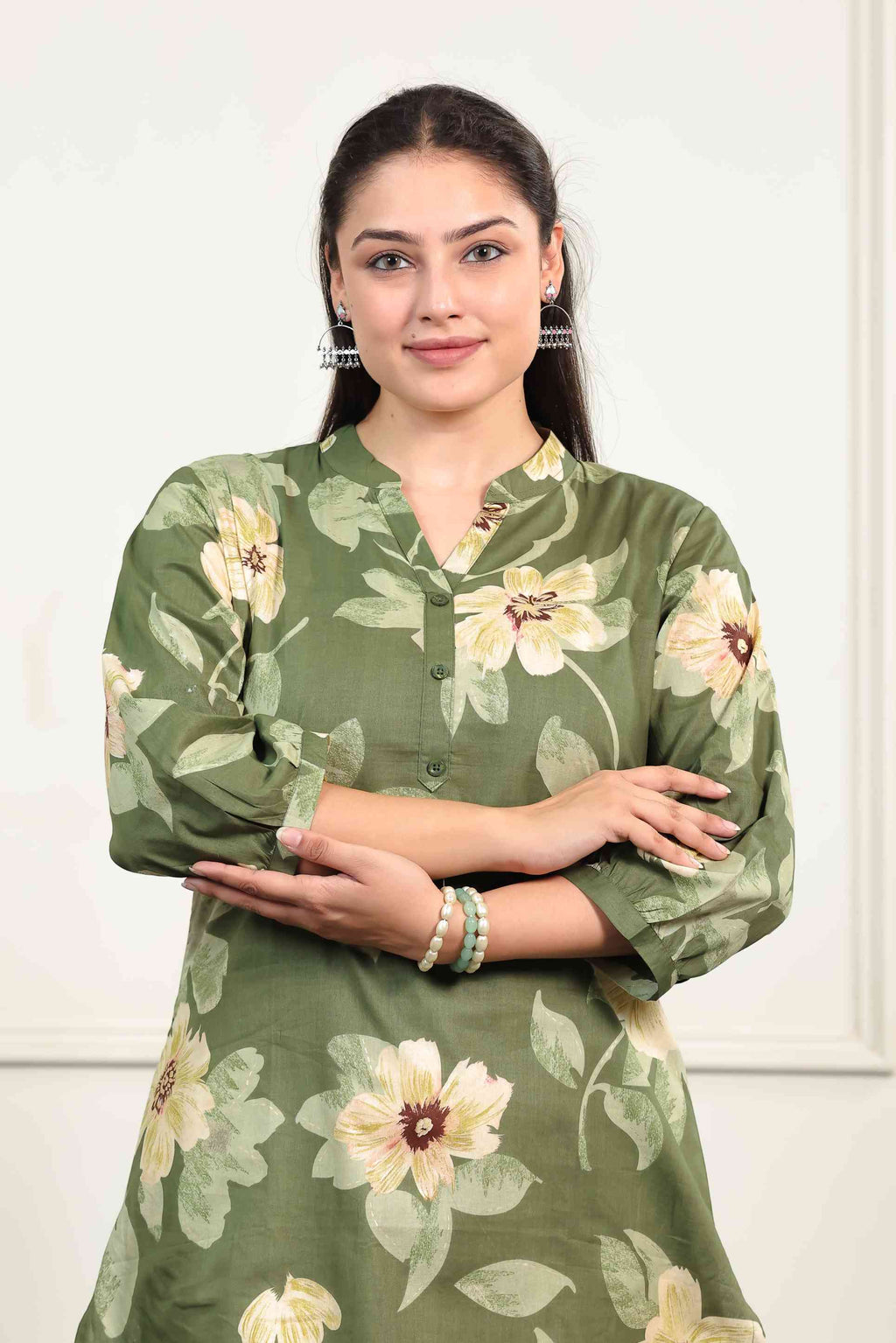 Green Cambric Cotton with Flower Printed Short Kurti