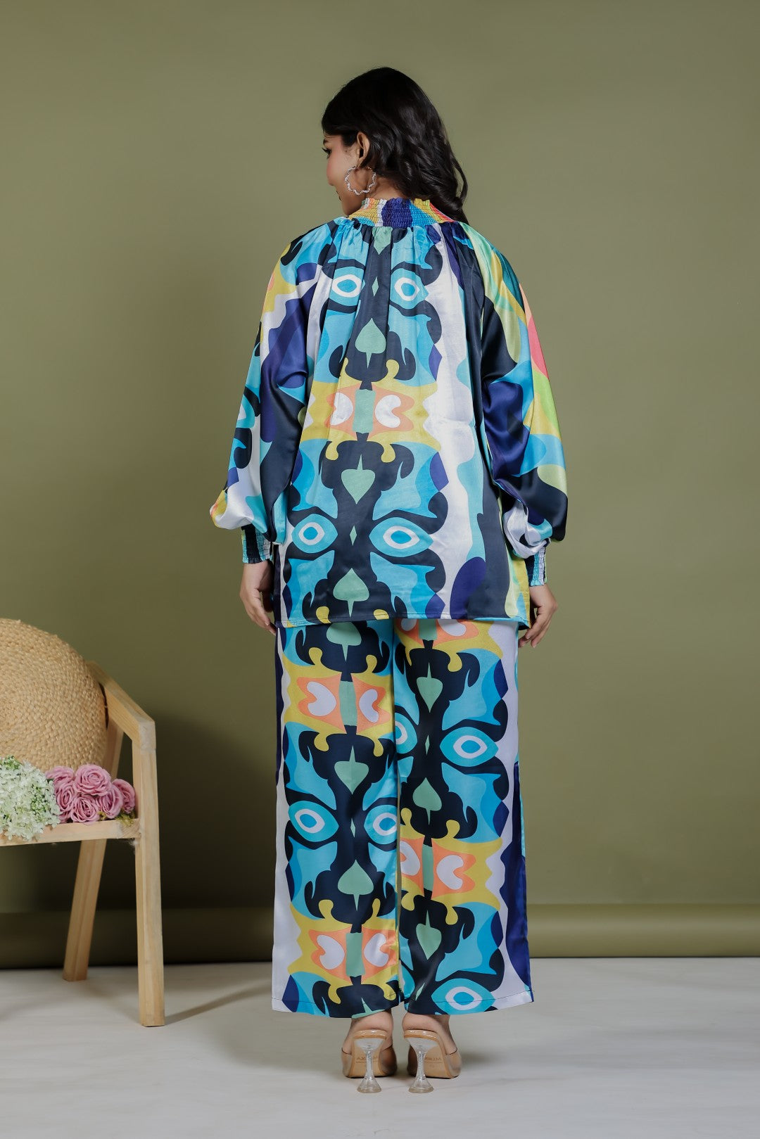 Multicolor Satin Printed Top and Multicolor Printed Bottom