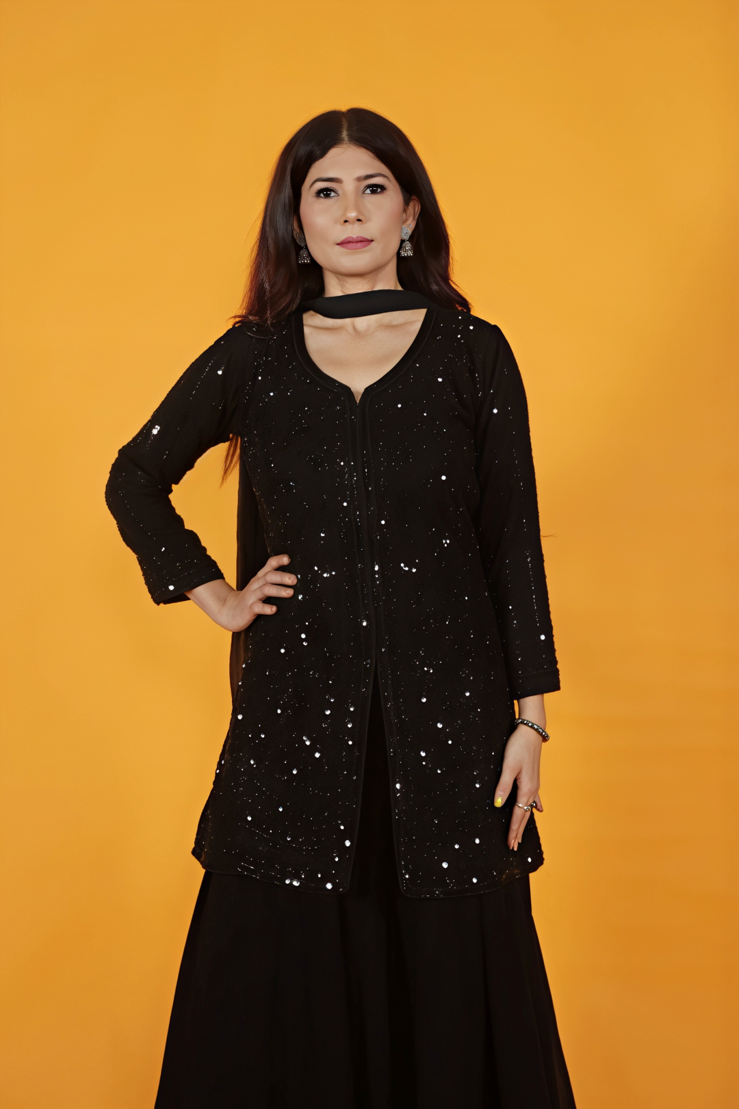 Black Georgette Top with Pearl & Sequins Work, Sharara & Dupatta