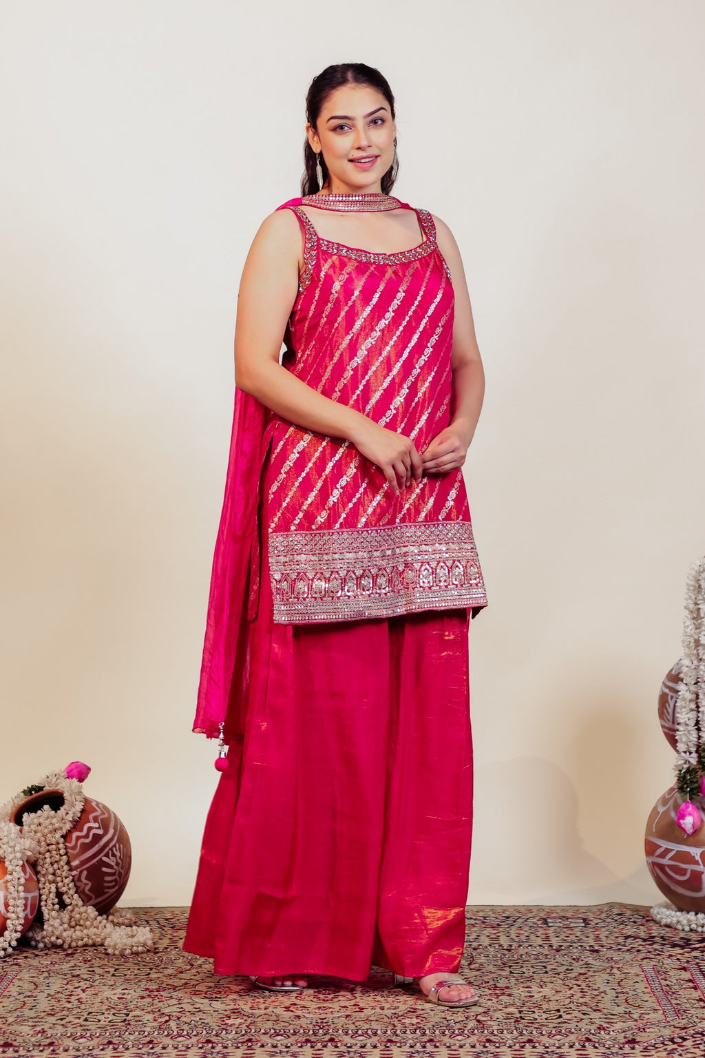Rani Pink Mosh Silk Suit with Banarsi Print Handwork, Sharara & Dupatta