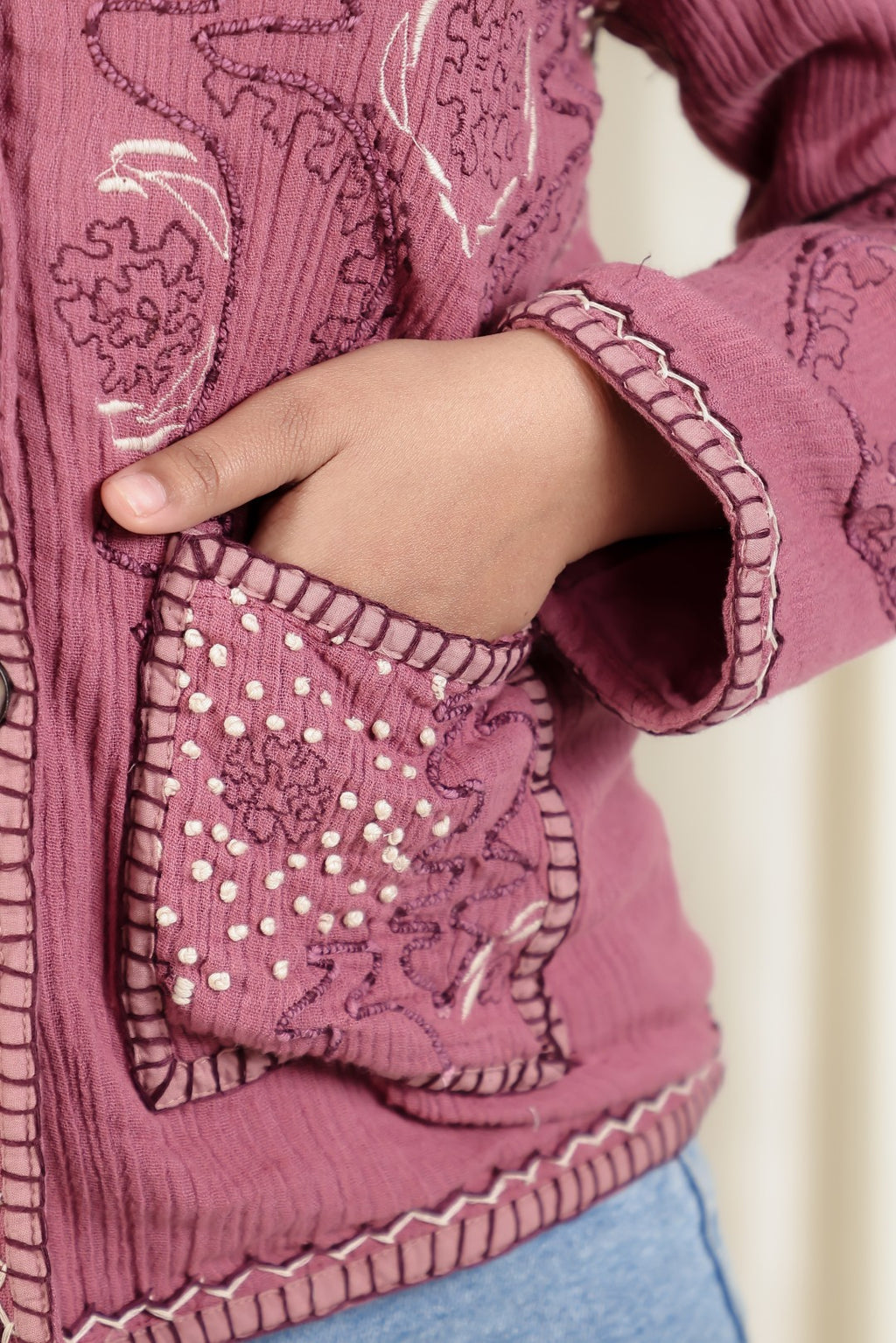 Pink Lurex Cotton Jacket with Matching Pink Thread Embroidery