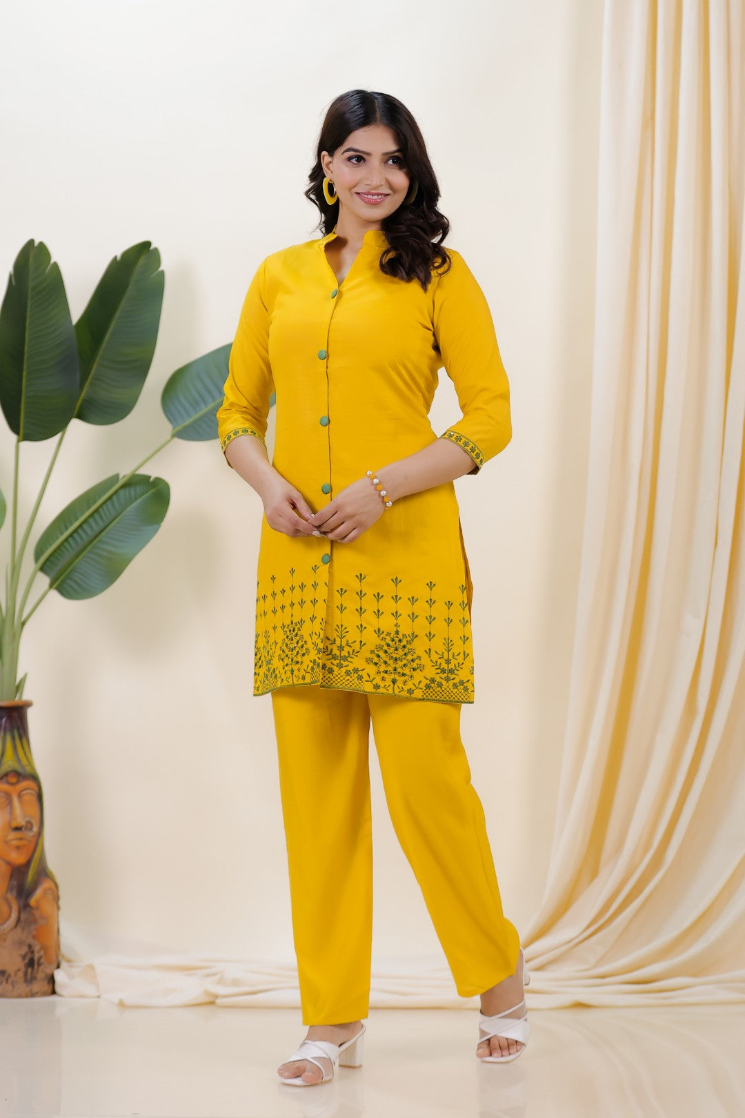 Mustard Yellow Muslin with Sequin Thread Work Co-ord Set