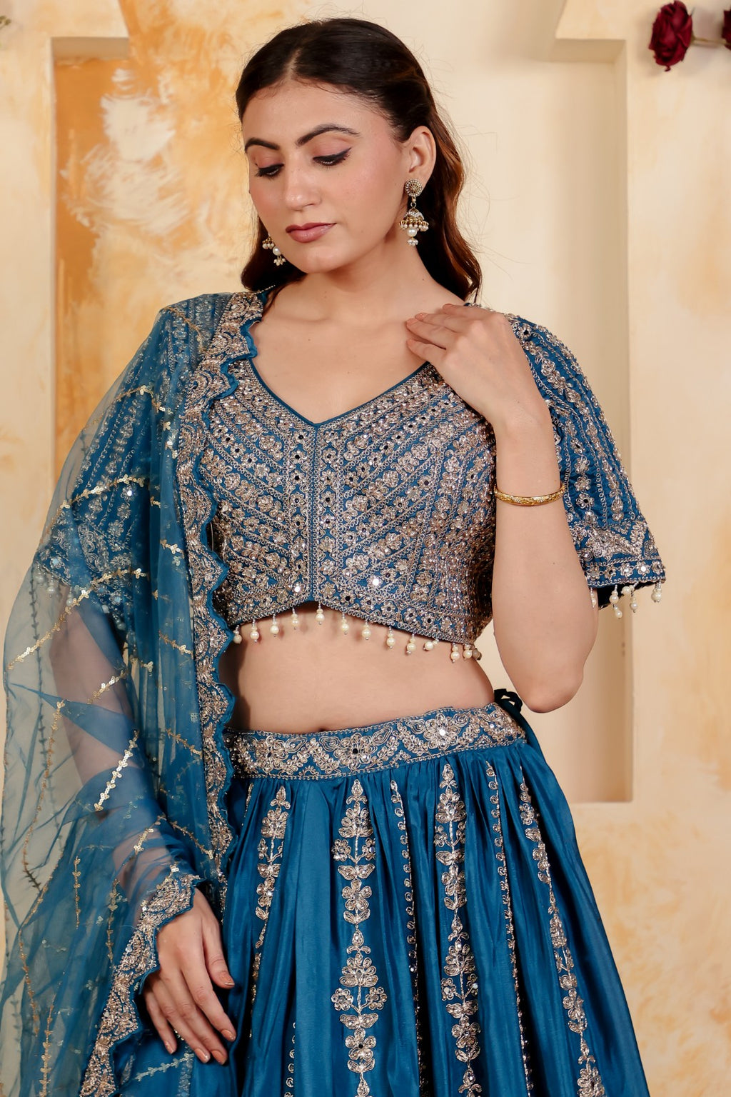 Diesel Blue Chinon Blouse with Heavy Zari & Stone Work, Lehenga & Net Dupatta