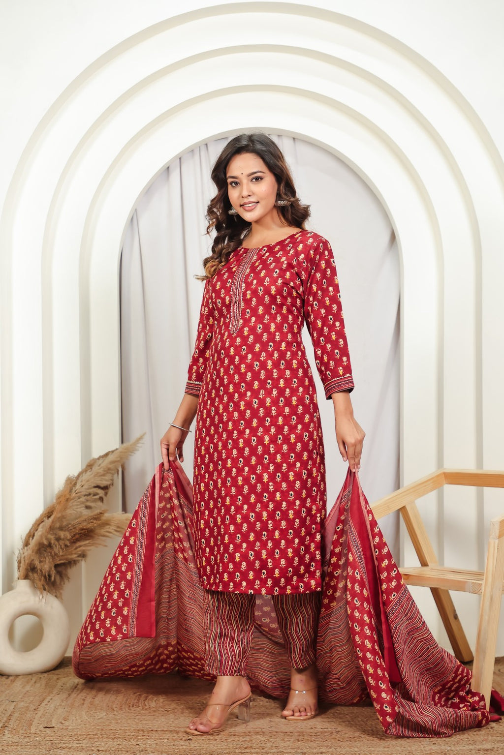 Maroon Slub Cotton Printed Suit with Lining Print Bottom & Dupatta