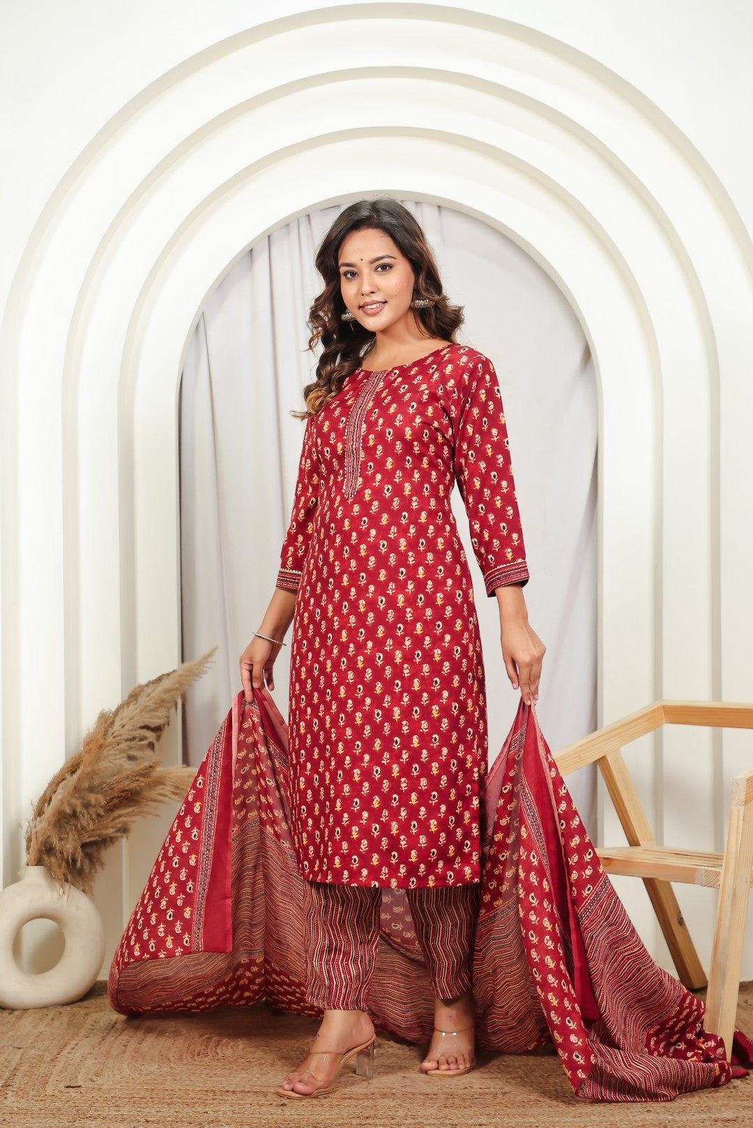 Maroon Slub Cotton Printed Suit with Lining Print Bottom & Dupatta