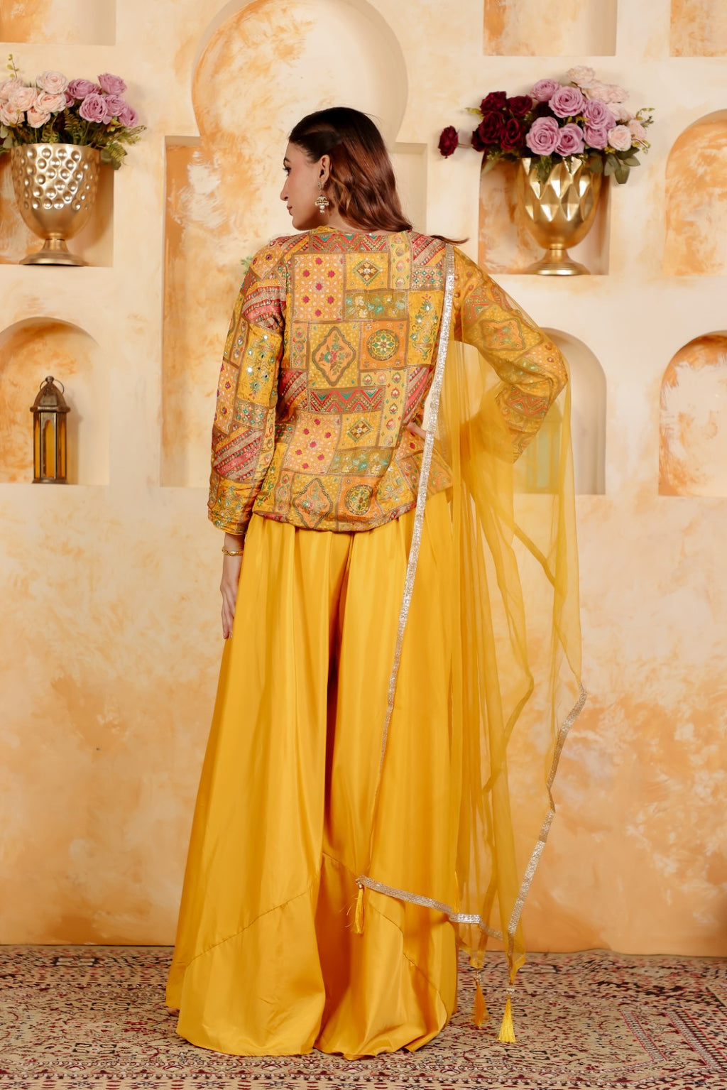 Yellow Silk Position Printed Top, with Sharara & Dupatta