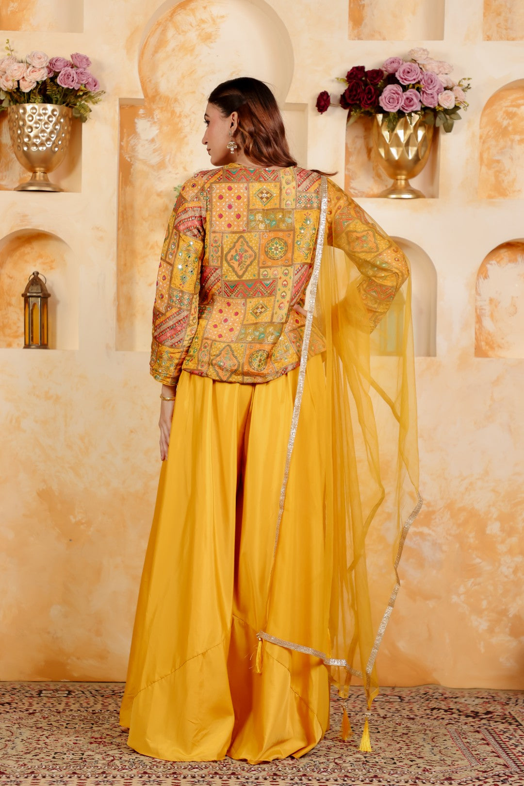 Yellow Silk Position Printed Top, with Sharara & Dupatta