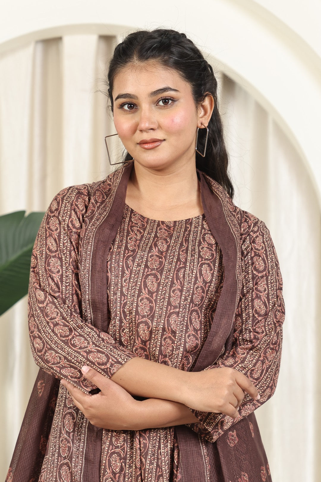 Chocolate Brown Cotton Printed Suit and Paired with a Matching Pant & Dupatta