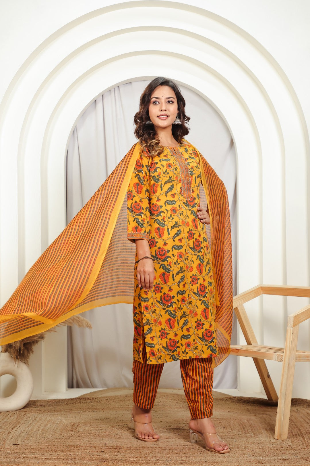 Mustard Yellow Slub Cotton Floral Printed Suit, Bottom & Dupatta