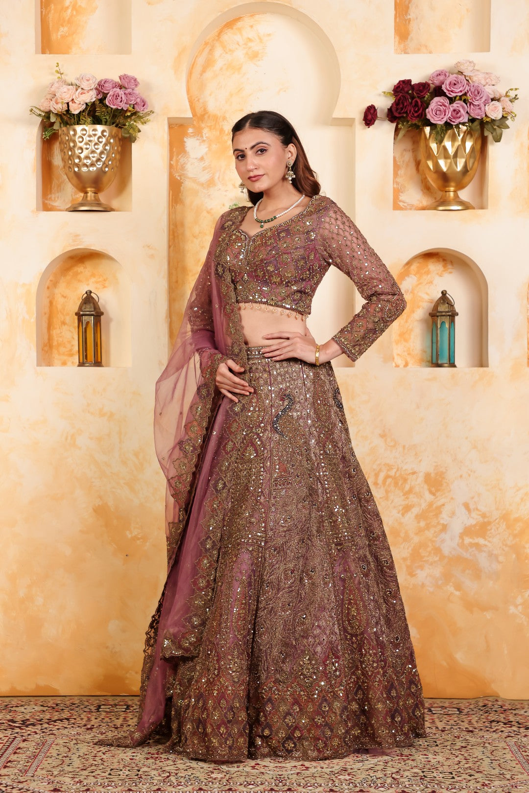 Dried Lavender Twill Net Lehenga with Heavy Zari Work, Blouse & Dupatta