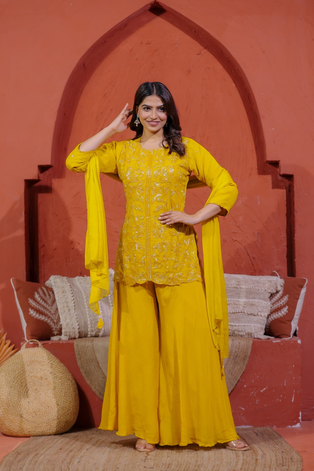 Yellow Pure Organza Top with Sequin Handwork, Sharara & Dupatta