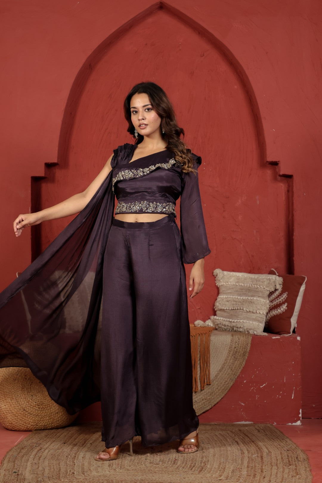 Dried Purple Chinon Silk Top with Sequin Handwork, Attached Dupatta & Palazzo