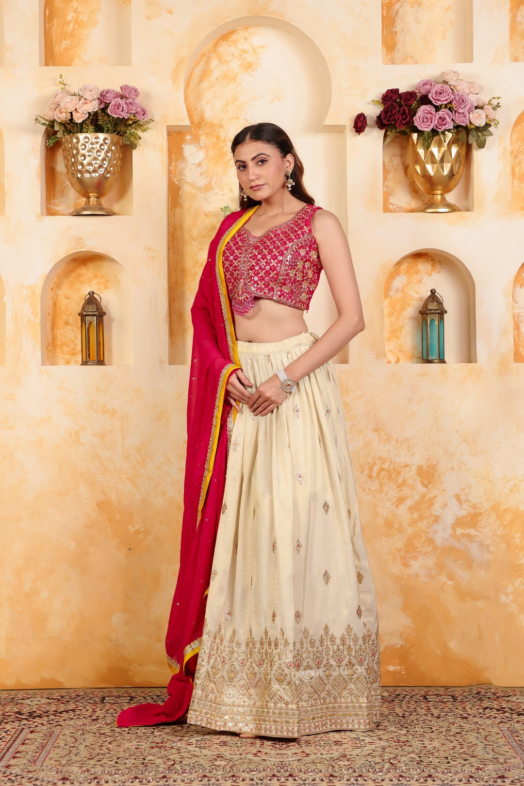 Rani Pink Dola Silk Blouse with Zari Mirror Work, Gotta Zari Work Lehenga with Dupatta