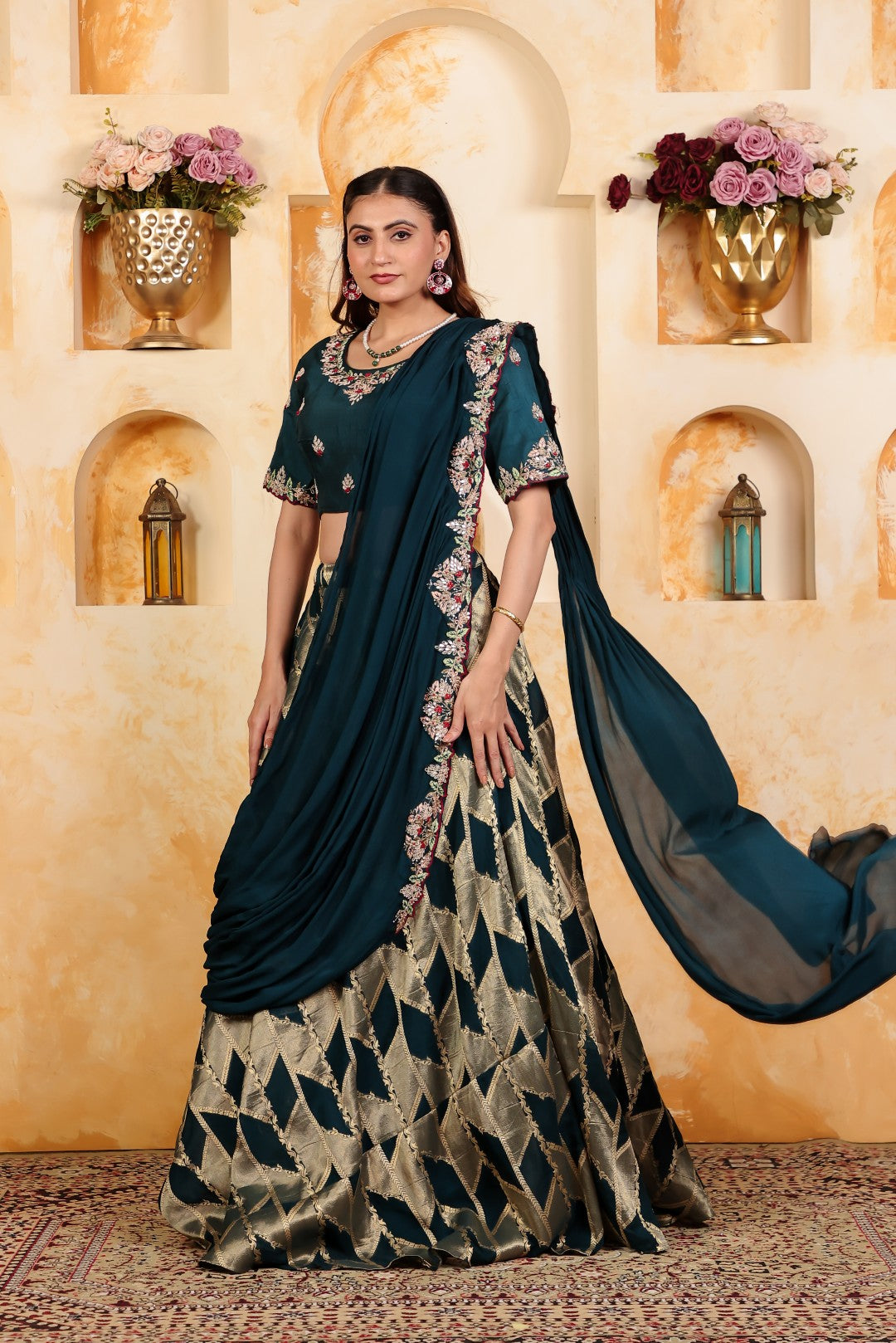 Diesel Blue Silk Banarasi Lehenga with Gotta Patti Handwork Blouse, Saree-Style Pallu