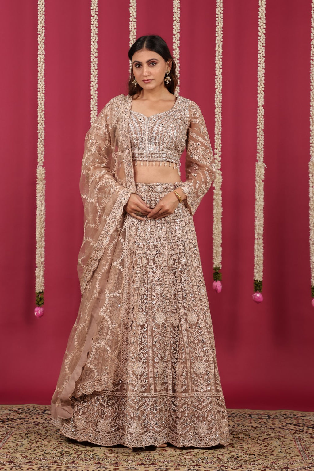 Light Brown Net Blouse with Full Zari, Mirror & Stone Work, Lehenga & Dupatta