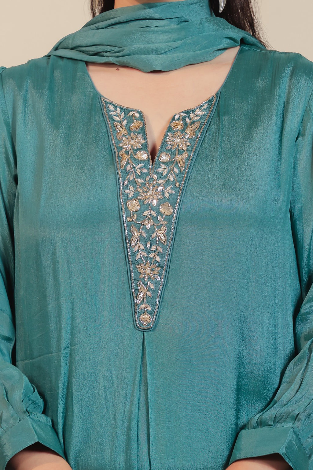 Teal Green Chinon Suit with Handwork, Bottom & Dupatta