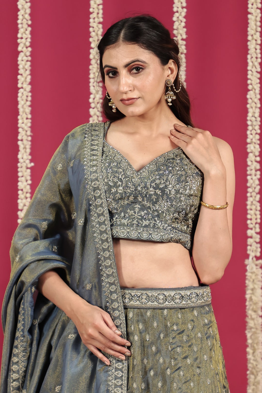Steal Grey Mosh Silk Blouse with Full Heavy Zari Work, Lehenga & Dupatta