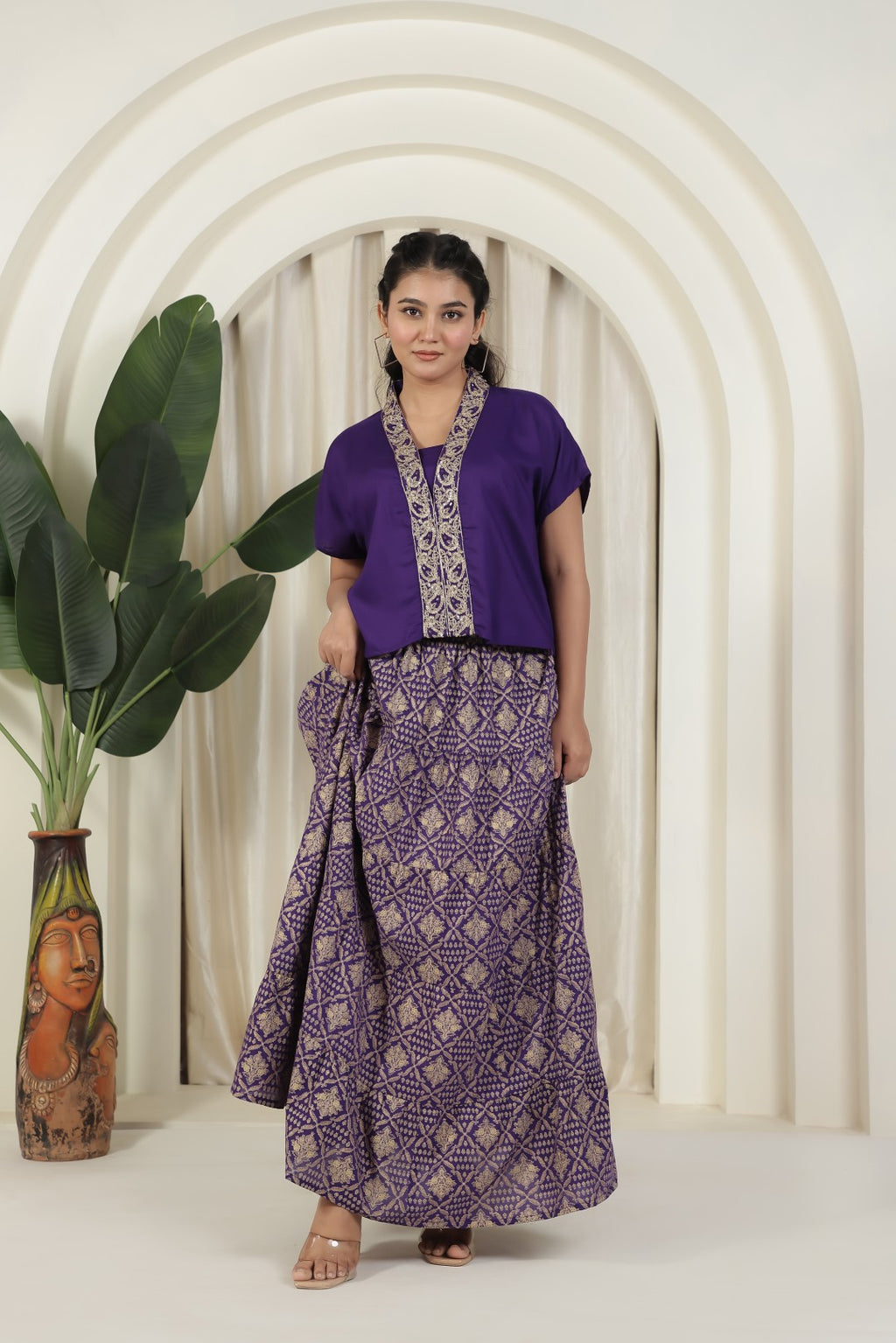 Purple Cotton Top with Zariwork and Foil Printed Skirt