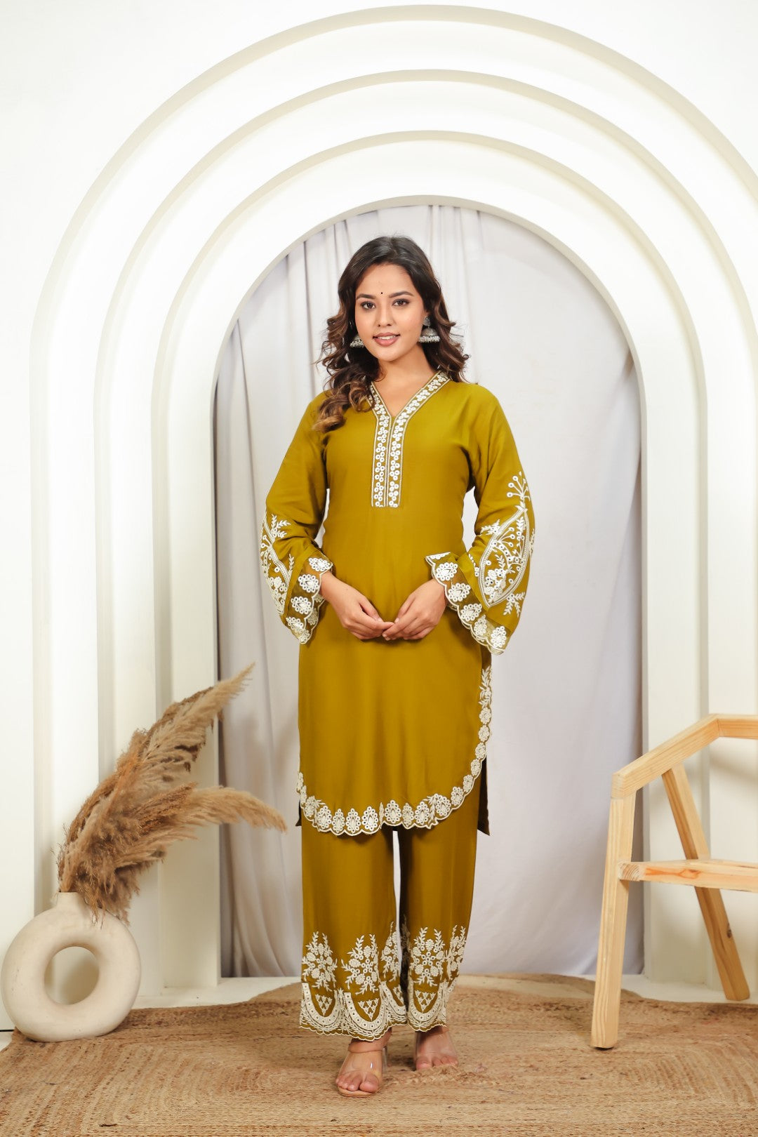 Mehendi Green Rayon Cotton Suit with Thread Work, Palazzo & Dupatta