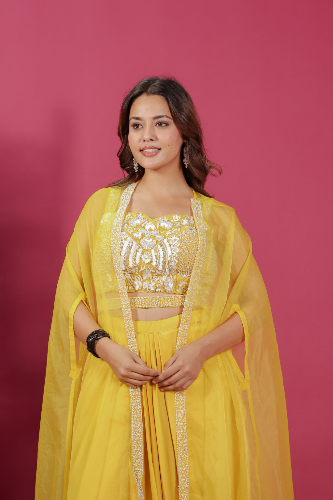 Yellow Satin Silk Dhoti Set with Pearl Handwork Blouse & Shrug