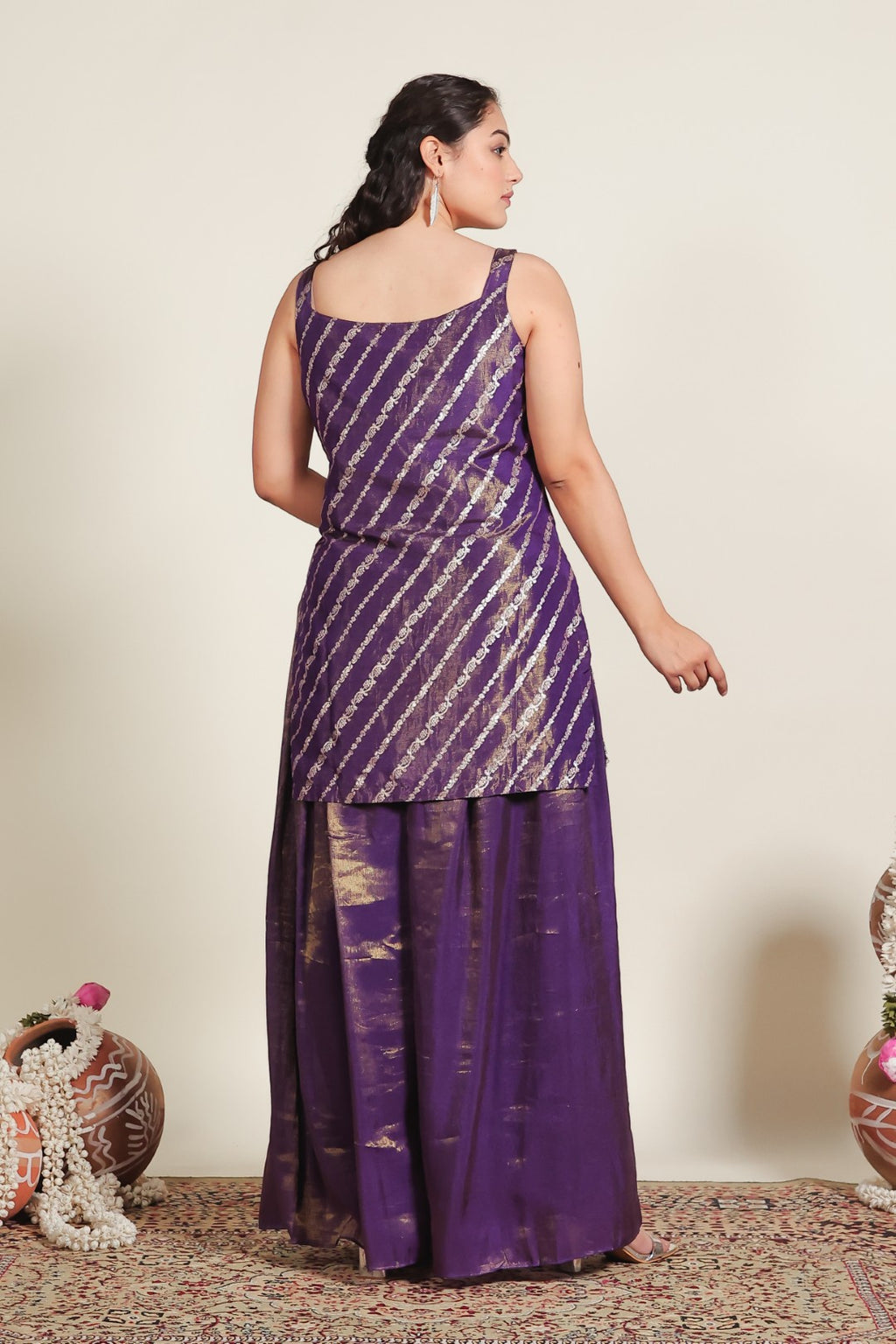 Purple Mosh Silk Suit with Banarsi Print Handwork, Sharara & Dupatta