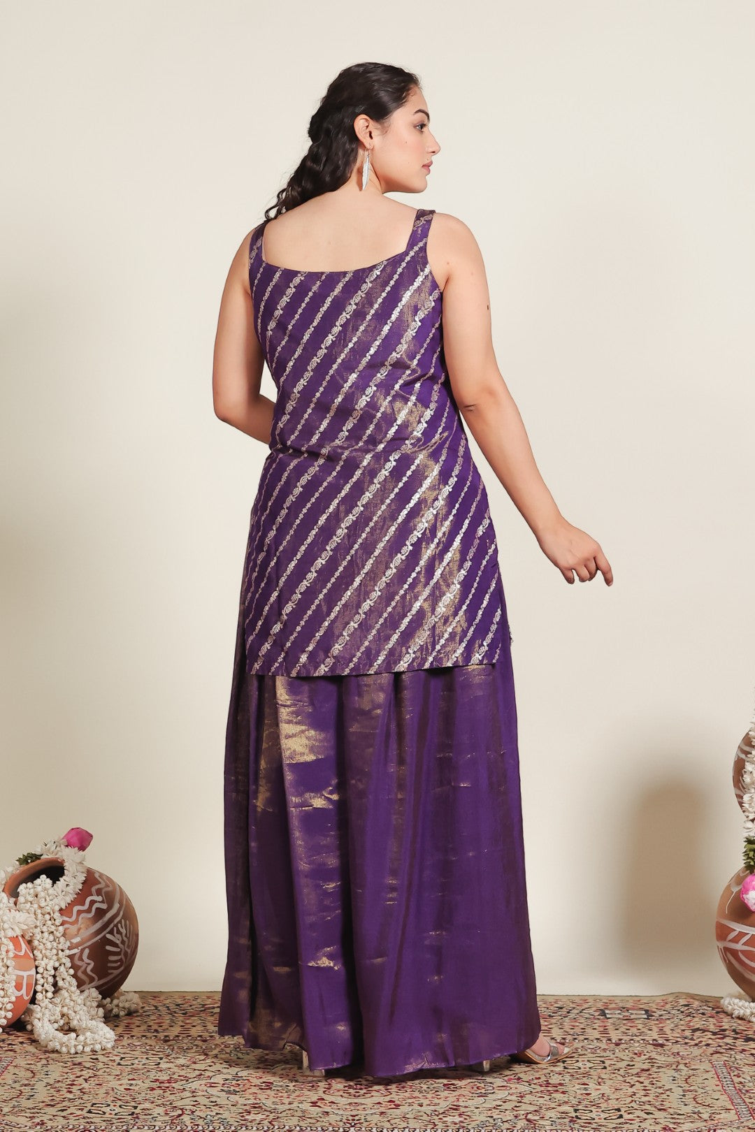 Purple Mosh Silk Suit with Banarsi Print Handwork, Sharara & Dupatta