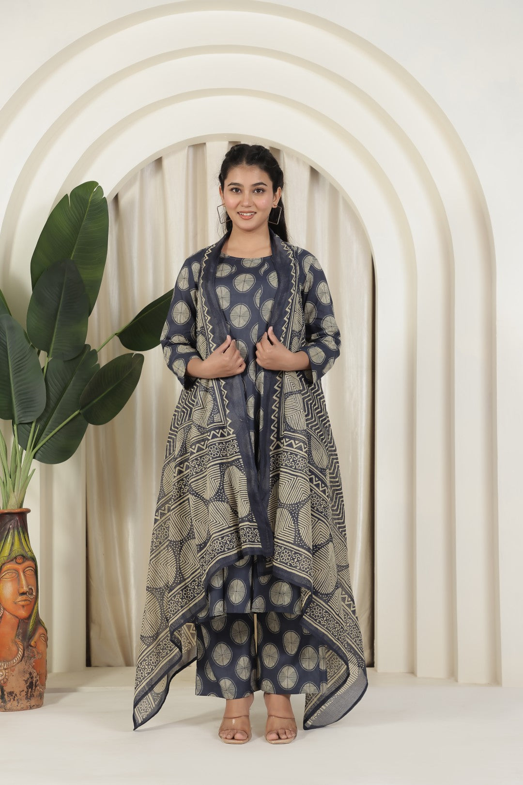 Deep Navy Blue Cotton Printed Suit and Paired with a Matching Pant & Dupatta