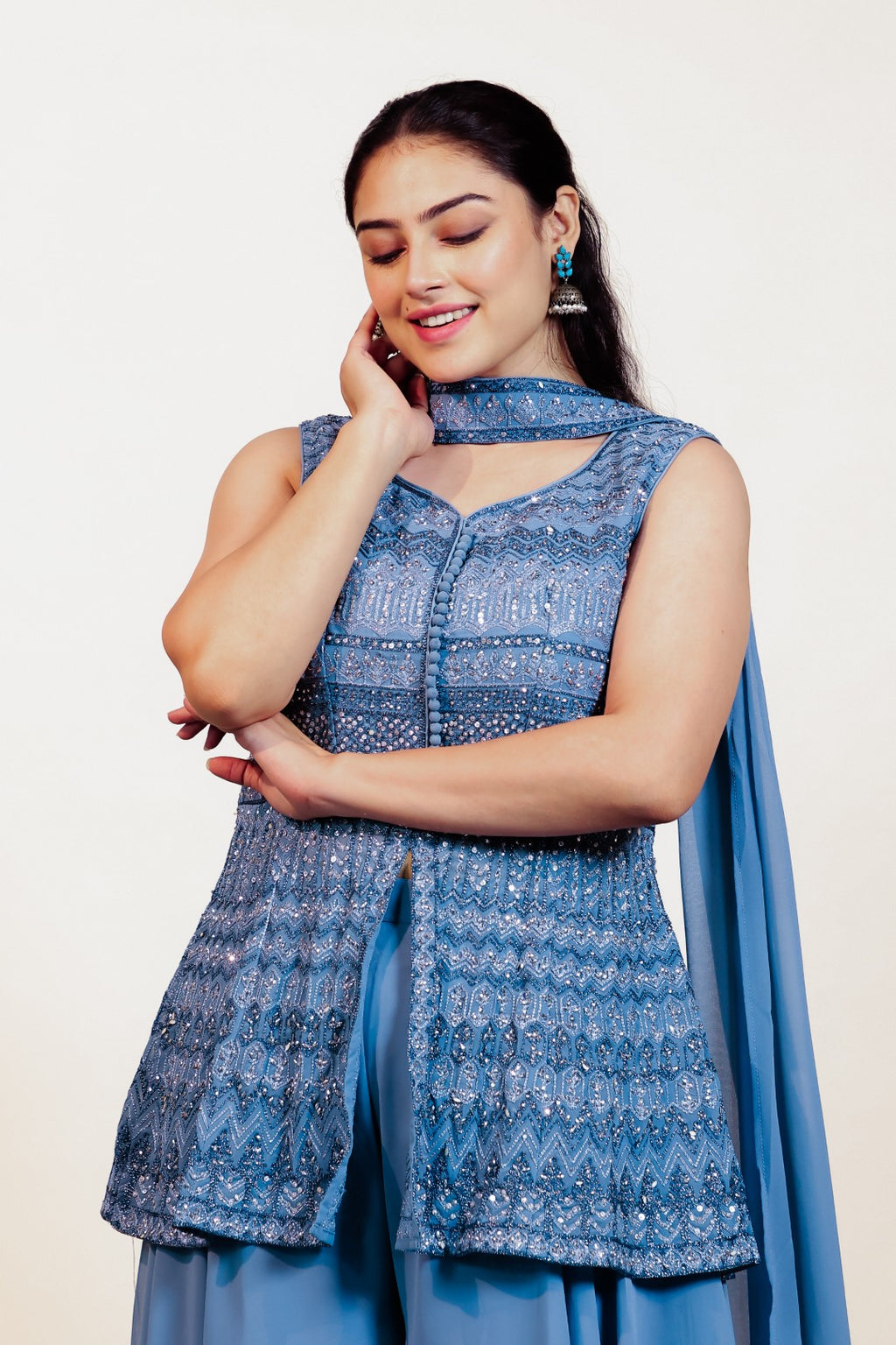 Grey Georgette Peplum Top with Zari Work, Sharara & Choker Style Dupatta