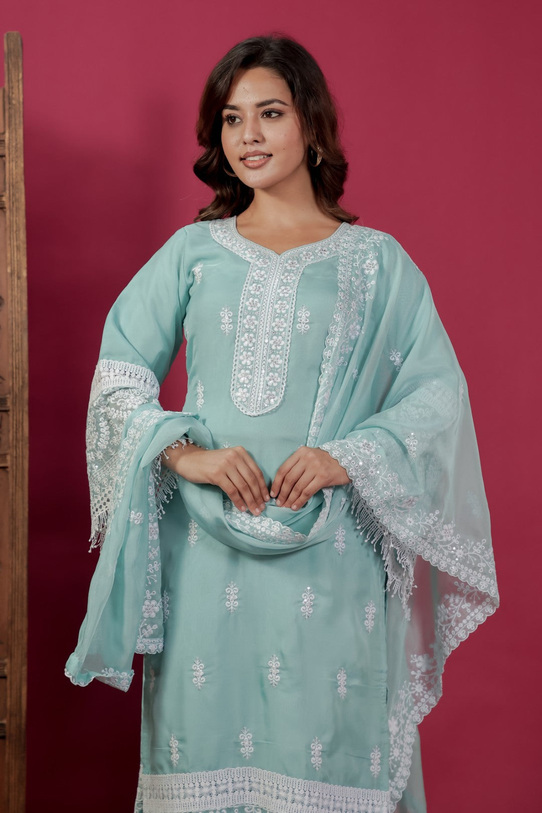 Sky Blue Organza Suit with Thread Work, Bottom & Dupatta