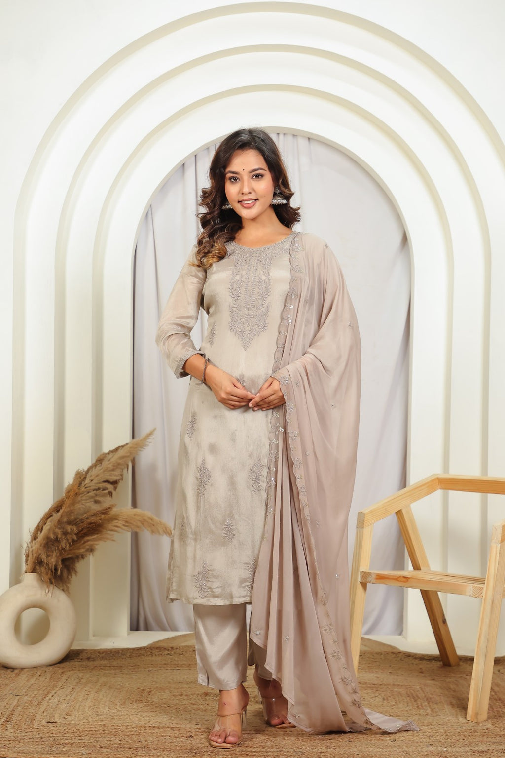 Dusty Grey Chinon Silk Suit with Thread Embroidered, Bottom & Dupatta