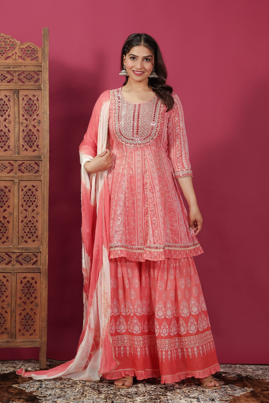 Reddish Orange Cotton Printed Suit, Palazzo & Dupatta