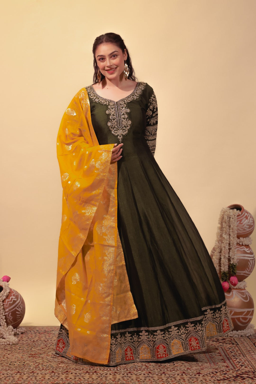 Mehendi Green Vichitra Silk with Zari Work Gown & Dupatta