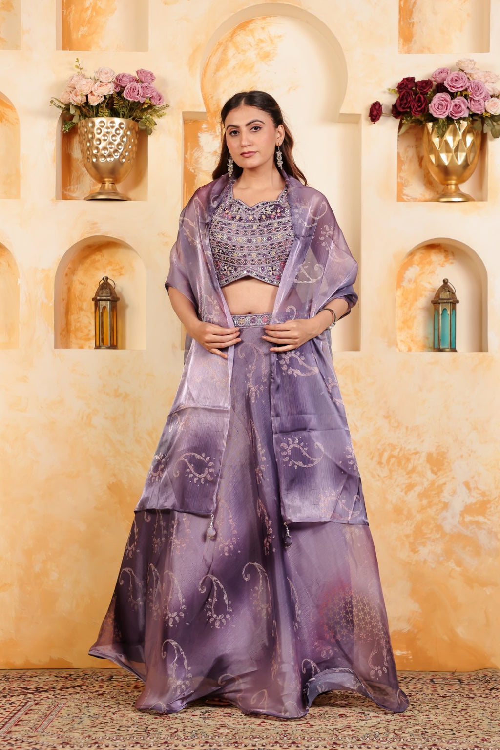 Purple Jimmy Choo Blouse with Digital Print & Zari Work, Lehenga & Dupatta