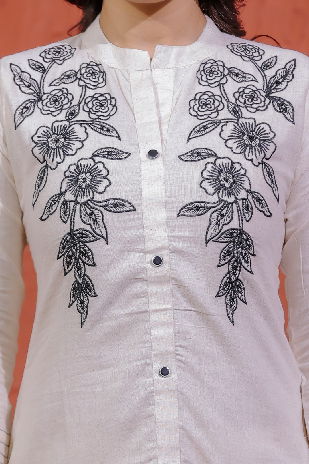 Off White Khadi Cotton with Floral Embroidery Co-ord Set