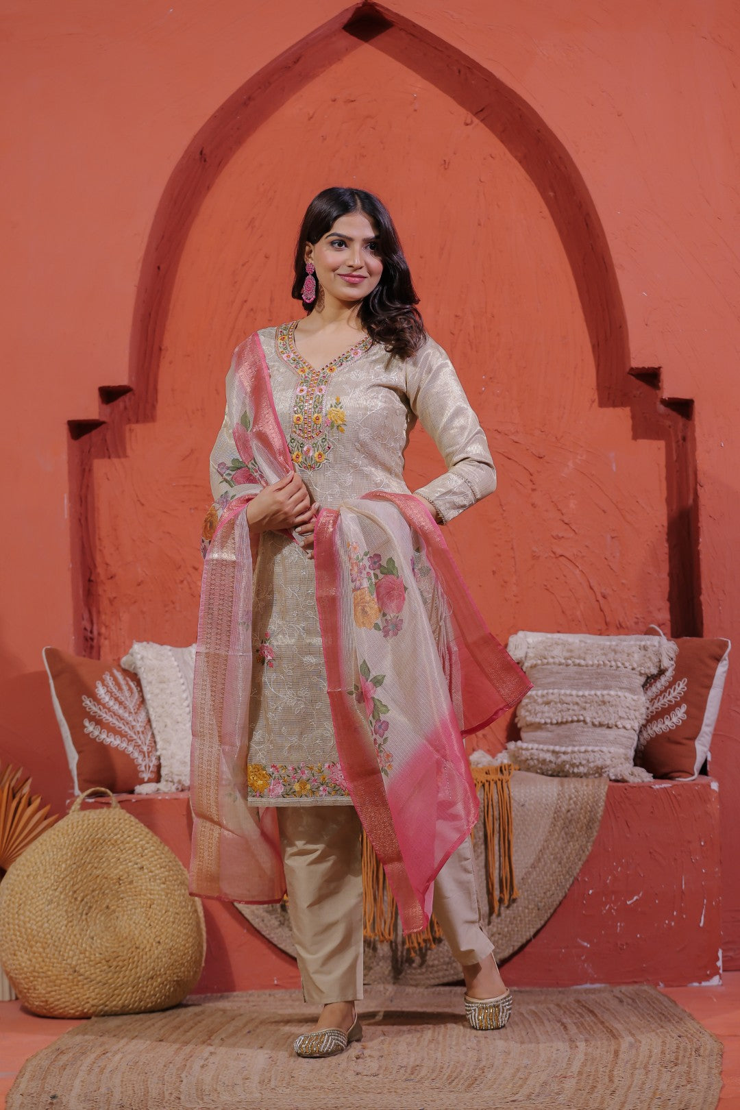Beige Pure Chanderi Silk Suit with Thread Jaal Embroidery, Pant & Dupatta