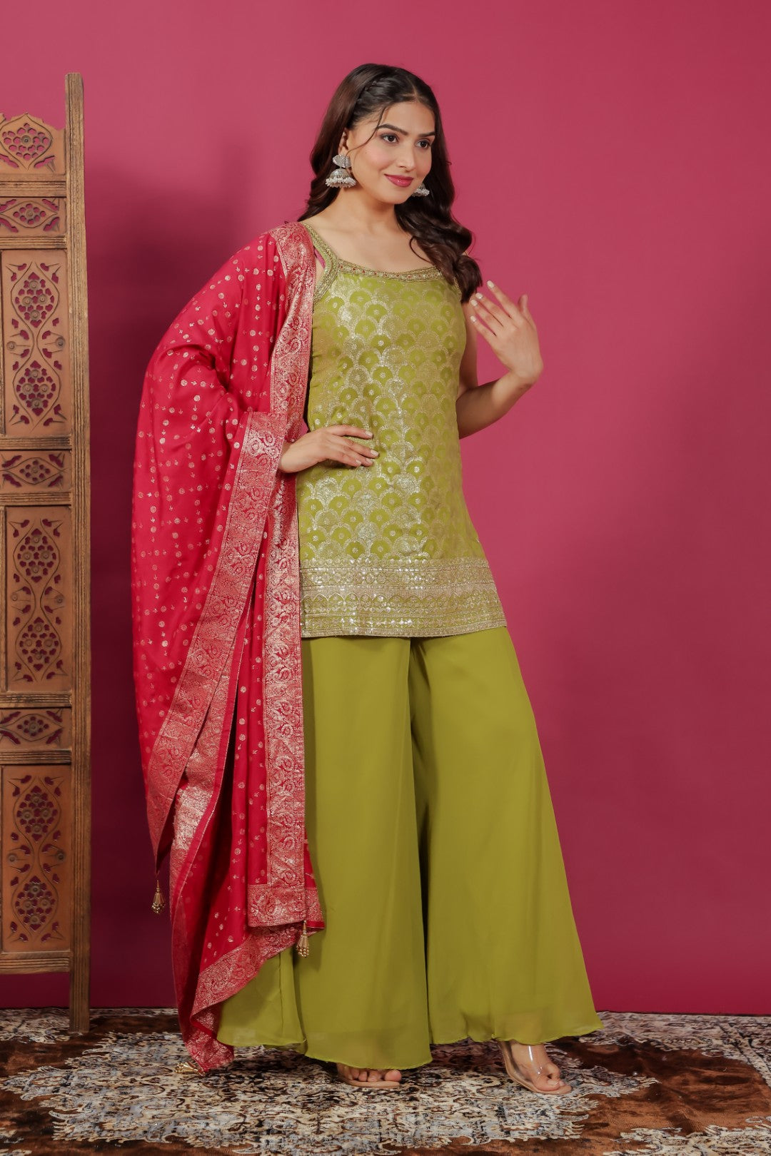 Lime Green Dola Silk Banarasi Suit with Zari & Sequin Work, Sharara & Dupatta