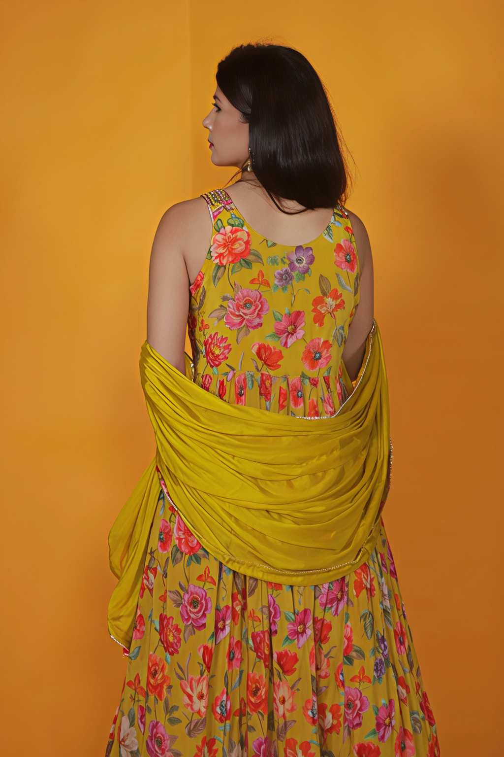 Mustard Yellow Chinon Silk Printed Top with Handwork, Skirt & Dupatta
