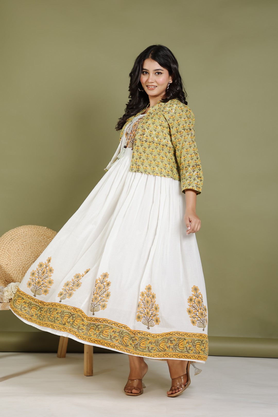 Offwhite Mulmul Cotton Suit with Pista Green Hand Block Sanganeri Print and Jacket