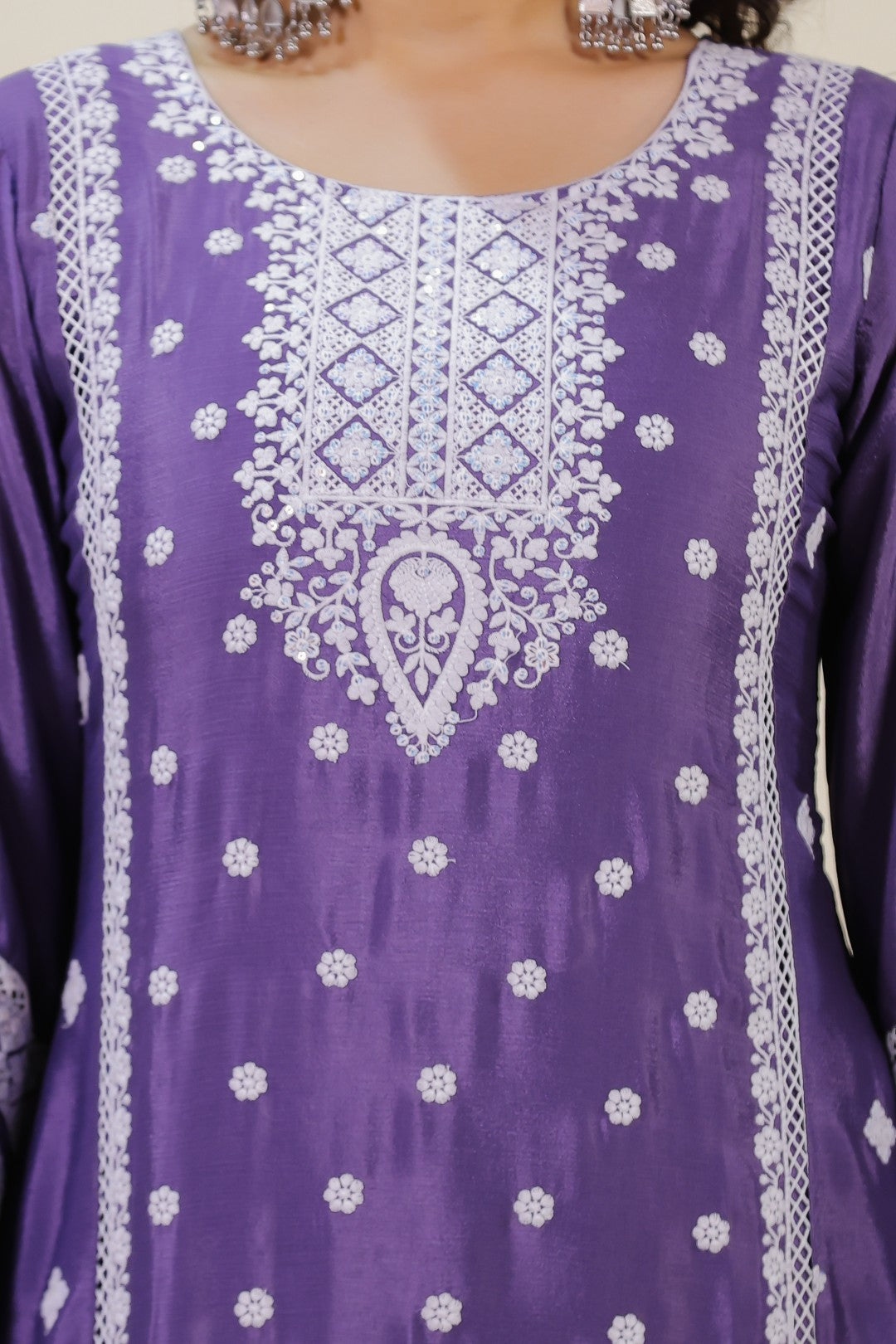 Lavender Chinon Silk Suit with Thread Work, Straight Pant & Dupatta