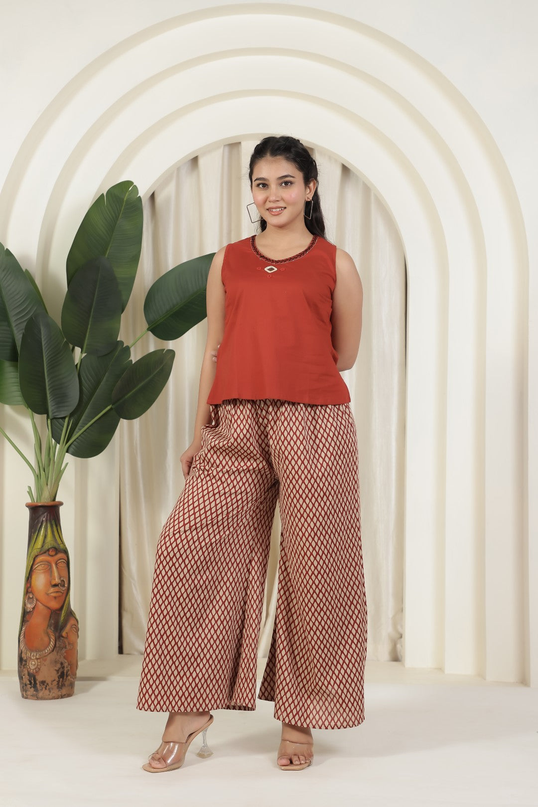 Rust Cambric Cotton Top with Mirror Work, and Block Print Pant & Jacket Shrug