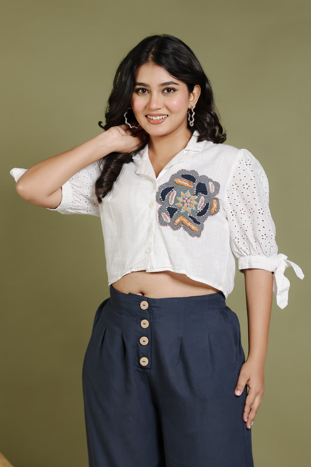 Offwhite Cotton Top with Patch Thread Work and Teal Blue Linen Cotton Palazzo Pant