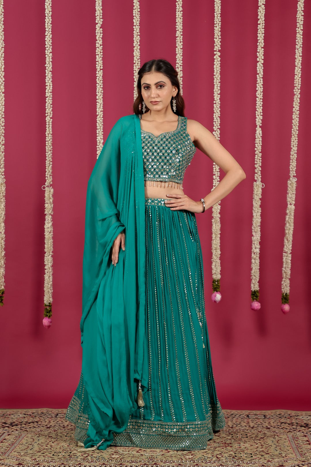 Rama Green Georgette Lehenga with Sequin & Mirror Work Blouse & Dupatta