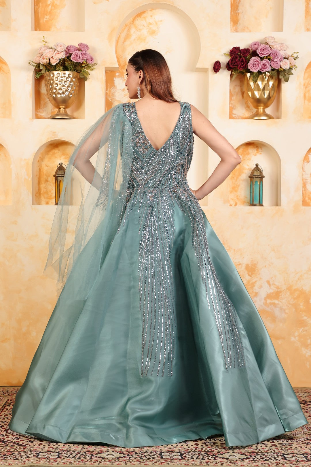 Teal Green Jimmy Choo Gown with Handwork & Attached Net Dupatta