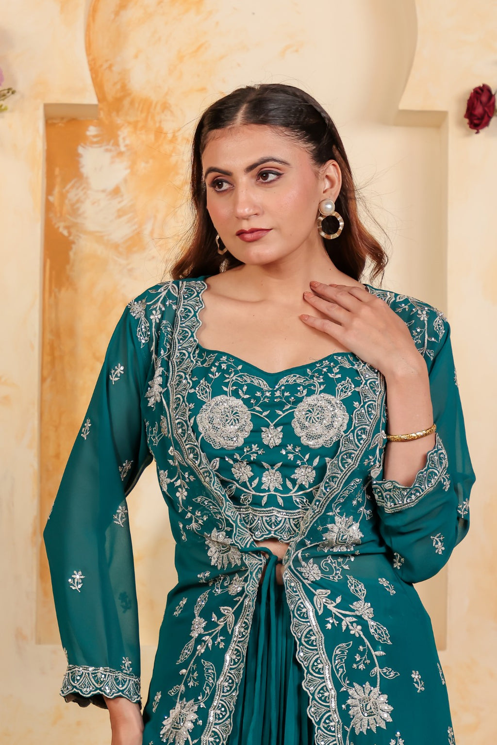 Rama Green Georgette Blouse with Thread & Stone Work, Lehenga & Long jacket Shrug