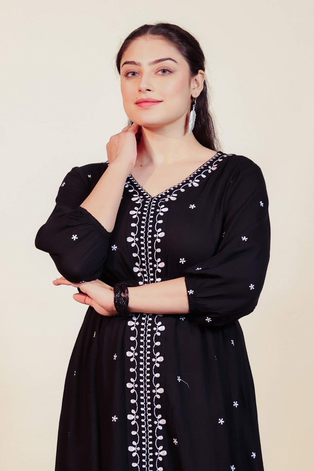 Black Rayon with White Thread Work Midi Dress