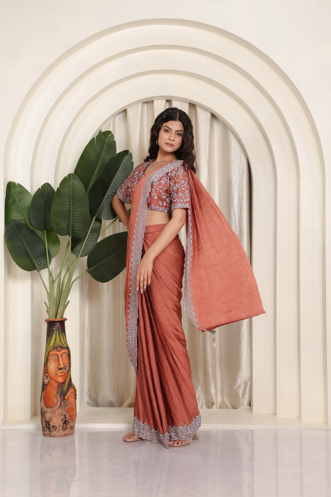 Rust Mosh Crush Draped Saree with Jarkan Work & Matching Blouse