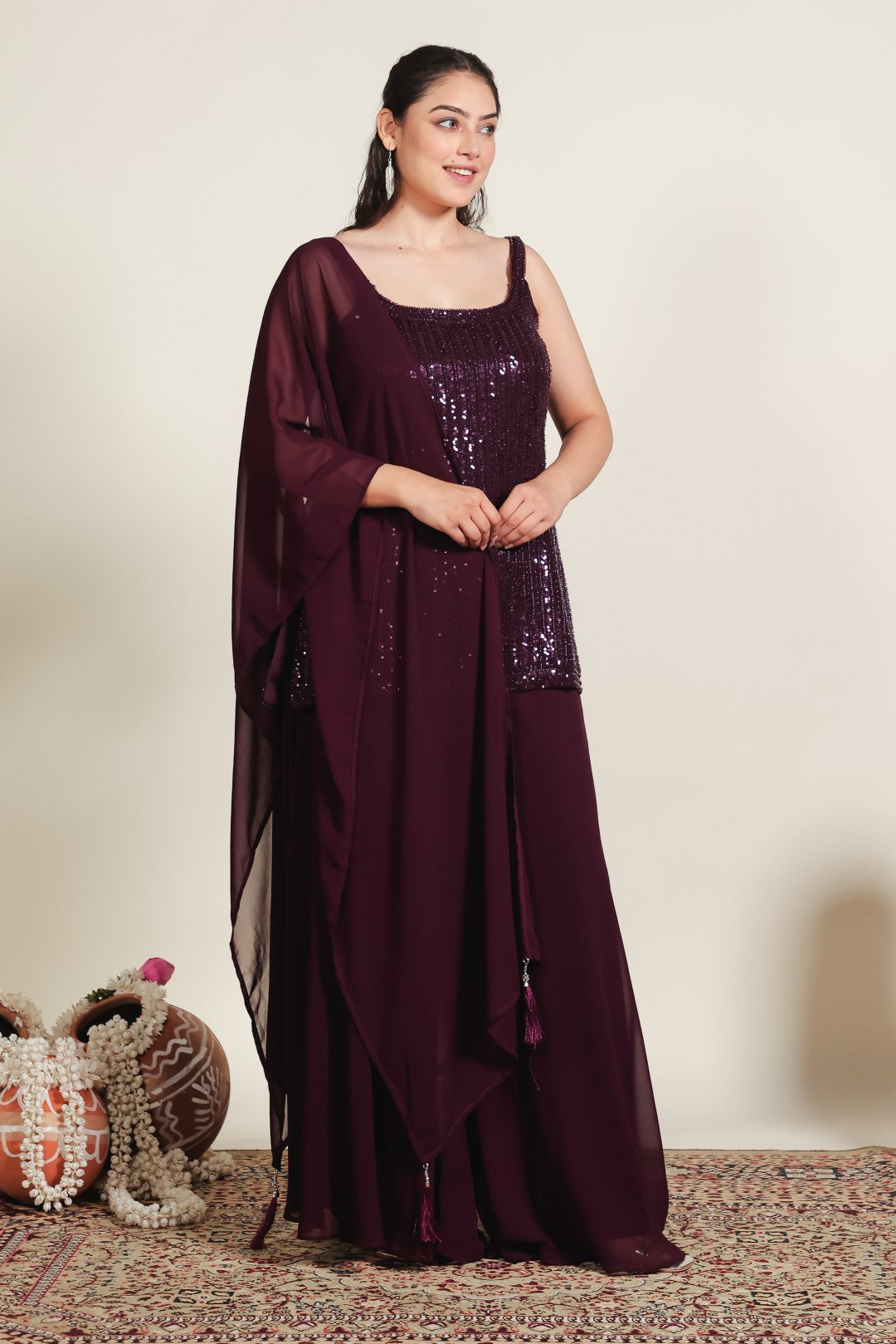 Wine Georgette Suit with Handwork, Sharara & Dupatta