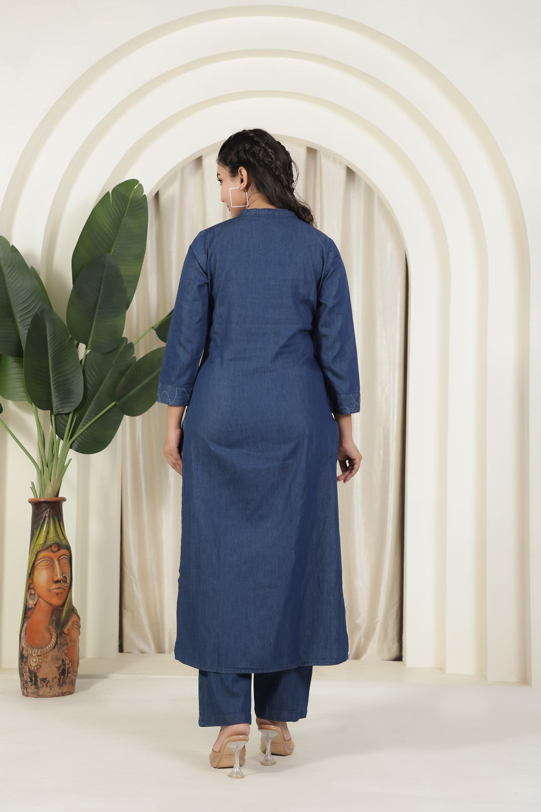 Navy Blue Denim Suit with Blue Thread Embroidery and Paired with Matching Pant